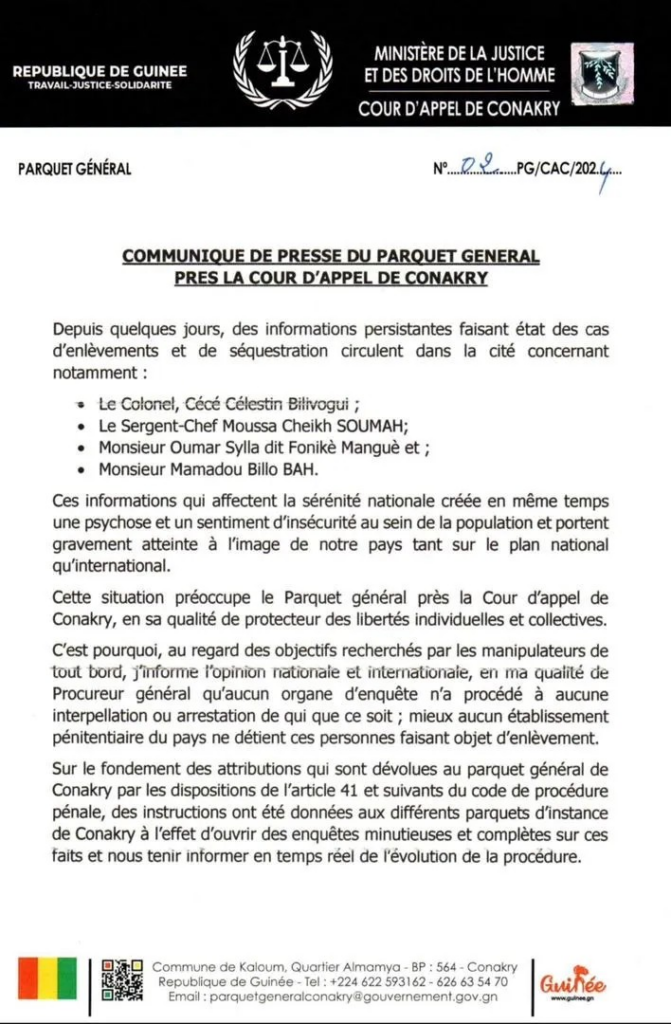 Pg-conakry-671x1024 Kidnapping de Foniké Menguè et Billo Bah : le Parquet général de Conakry dit ne rien savoir !