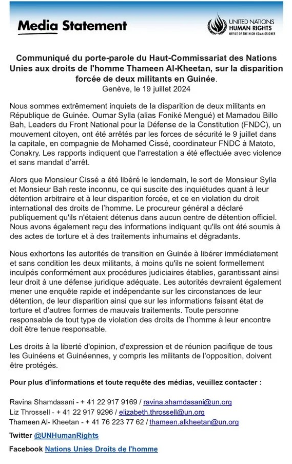 UN-fonike Cas Foniké Menguè et Billo Bah : les Nations Unies demandent leur libération immédiate