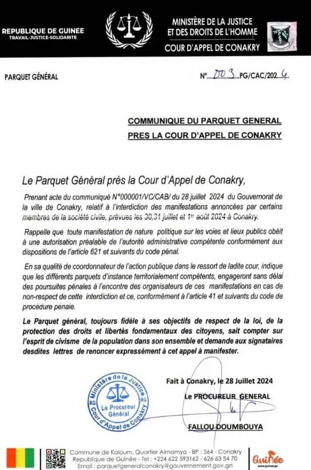 fallou-communique1-1 Manifs programmés à Conakry : le Procureur général menace de poursuites les organisateurs