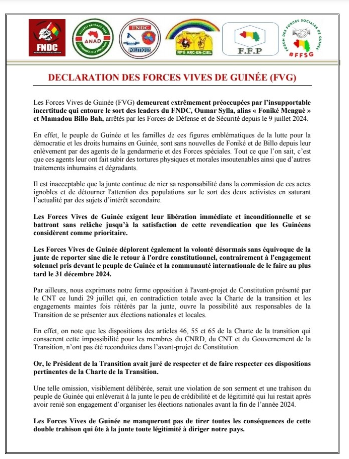 fvgg Guinée : les Forces vives rejettent l’avant-projet de Constitution !