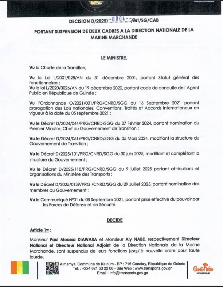 IMG-20250827-WA0039 Guinée : Paul Moussa Diawara et son adjoint suspendus de la tête de la Marine marchande