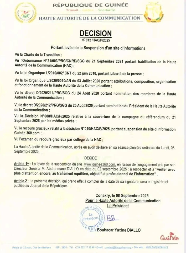 hac-G360 Médias : la HAC lève la suspension du site Guinee360