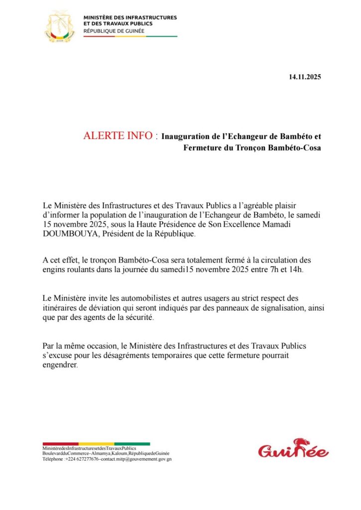 582560563_1231265289050768_8835980079226923895_n-725x1024 Conakry : le tronçon Bambéto-Cosa fermé de 7h à 14h ce samedi