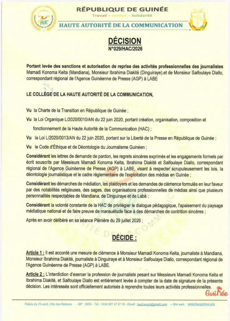 hac1-735x1024 Guinée : la HAC lève la suspension de 3 journalistes et de 2 médias