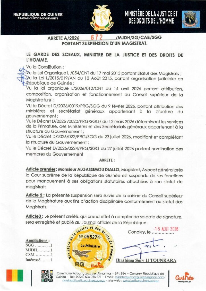 ARRETE_SUSPENSION-pdf-724x1024 Guinée : le magistrat Alghassimou Diallo suspendu par le Garde des Sceaux